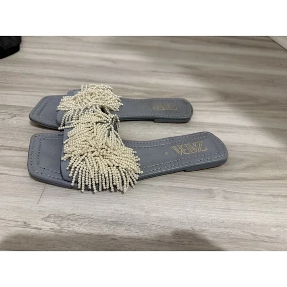Zara Women's Light Blue Slides Sandals EU Sz 38 US Sz 7 Pearl Detailing Feminine - Picture 2 of 6